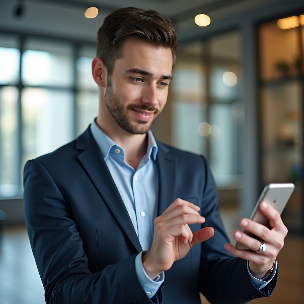 Man in a suit looks at his phone, smiling in an office setting.