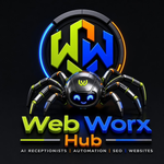 Web Worx Hub logo with black spider icon, green and black text, and blue tagline “GET ONLINE FAST”