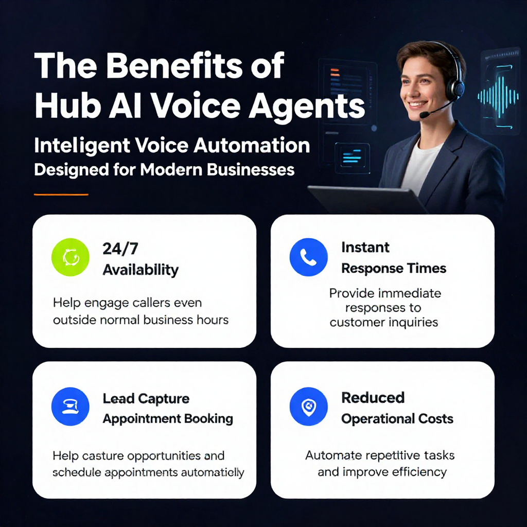 Web Worx Hub AI Voice Agents—key benefits at a glance. Promotional graphic for AI voice agents, with four feature cards on a blue gradient background.