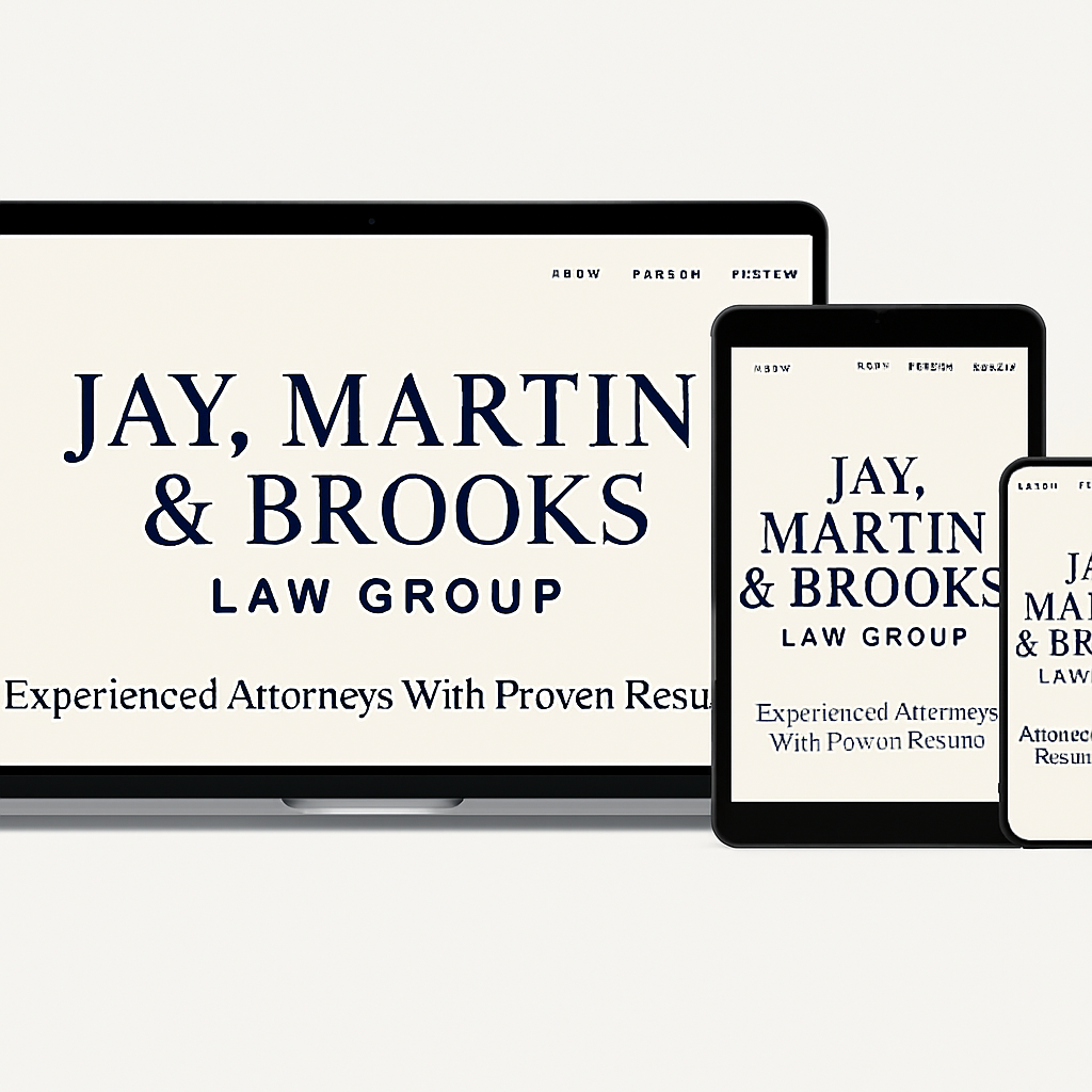 Law firm website design mockups on laptop, phone, and tablet: logo "Jay, Martin & Brooks Law Group".