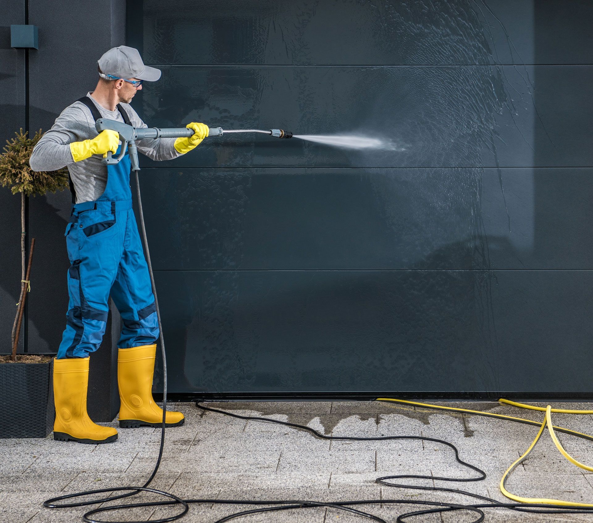 Person power washing a dark garage door with a water sprayer, wearing protective gear.