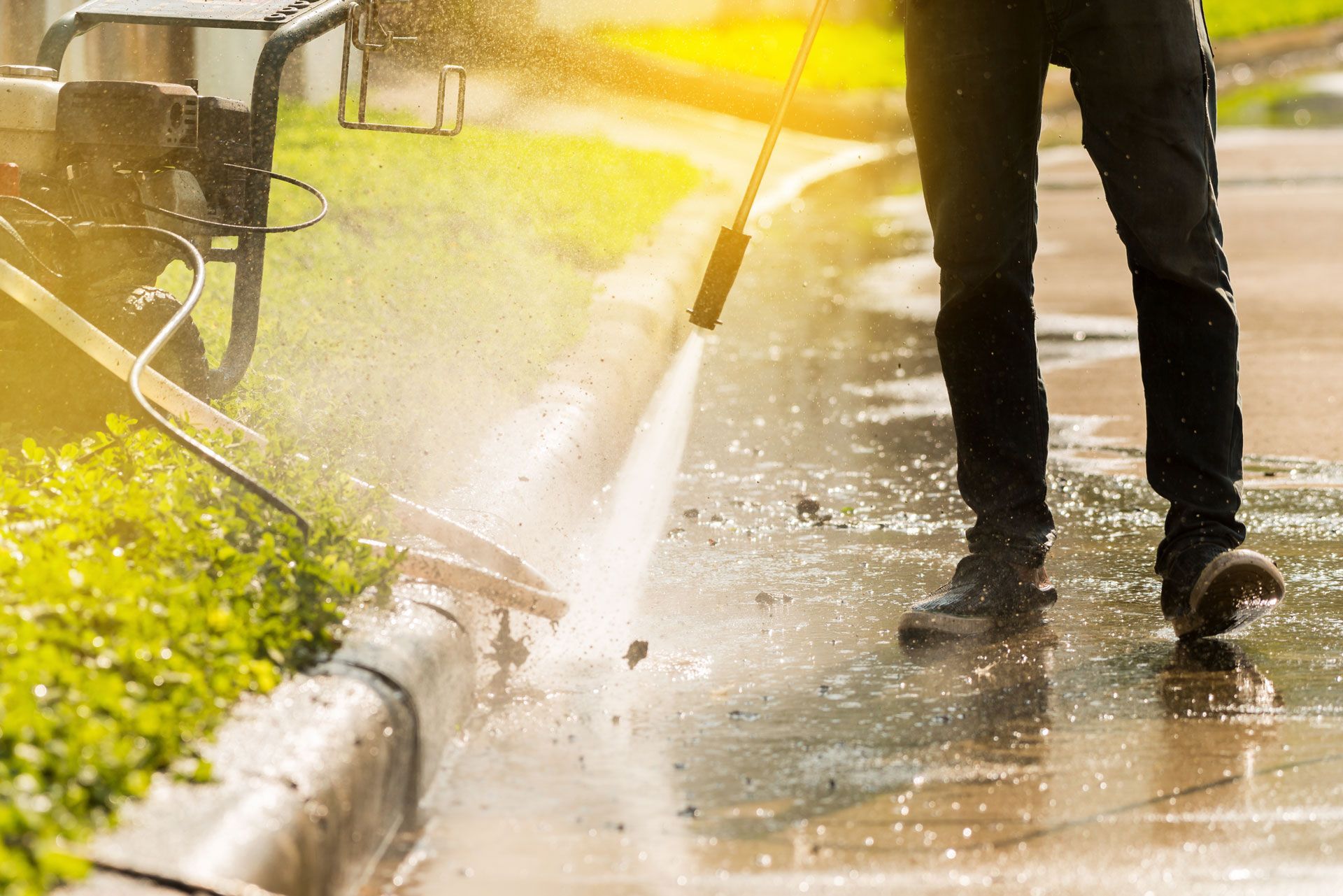 Person pressure washing a sidewalk curb, spraying water.