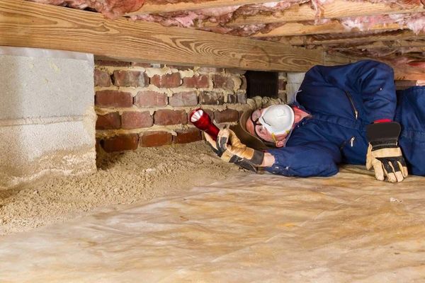 Person in blue coveralls inspecting a crawl space with a flashlight. Brick wall, insulation, and wooden beams visible.