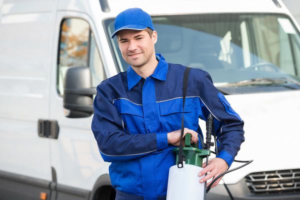 Man in blue uniform with a sprayer, standing in front of a white van.