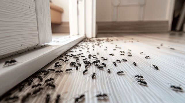A bunch of ants are crawling on the floor next to a door.