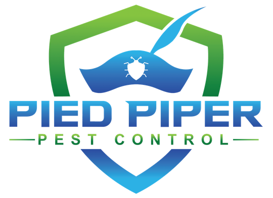 Logo for Pied Piper Pest Control: shield with bug and feather; blue and green colors.