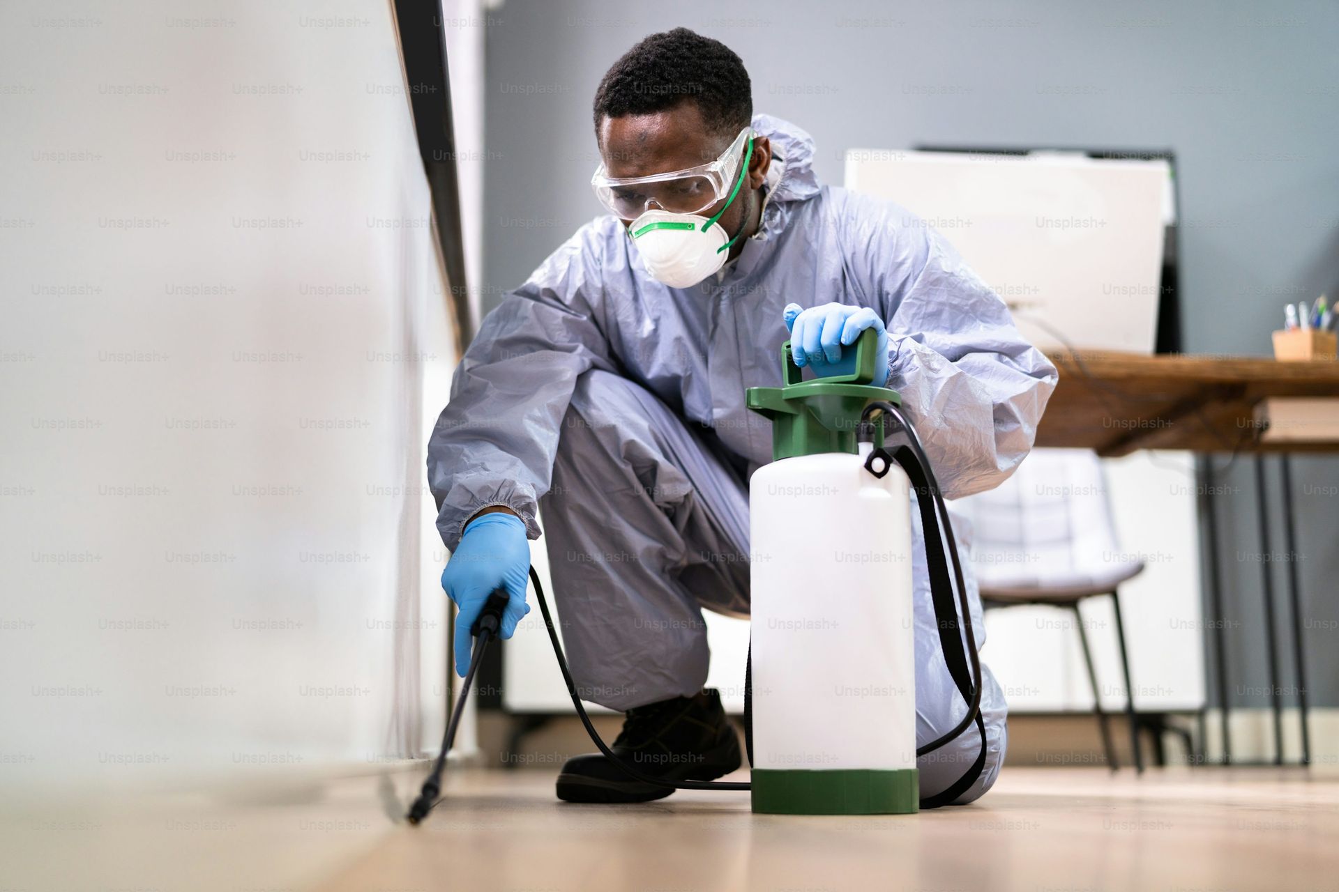 A man in a protective suit is spraying a room with a sprayer.