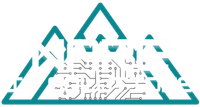 Teal outline of three mountains with a black electronic circuit board pattern inside the central peak.
