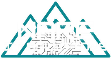 Teal outline of three mountains with a black electronic circuit board pattern inside the central peak.