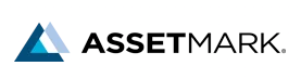 A logo for assetmark with a blue triangle on a white background.