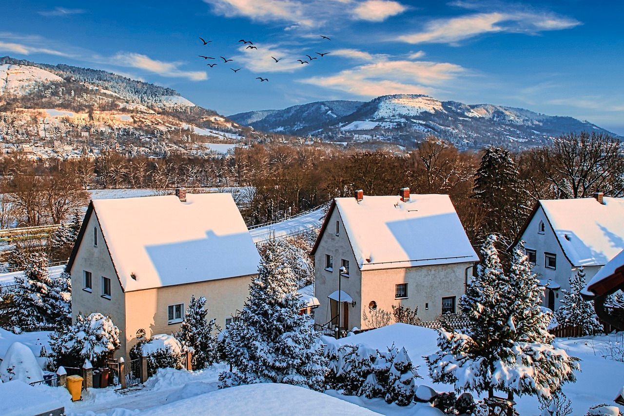 a row of snow covered houses with mountains in the background
