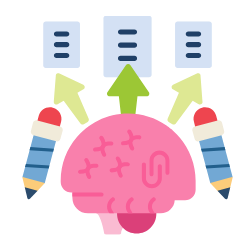 A cartoon illustration of a brain with pencils and arrows coming out of it.