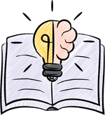 A drawing of a light bulb with a brain on top of an open book.