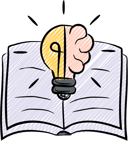 A drawing of a light bulb with a brain on top of an open book.