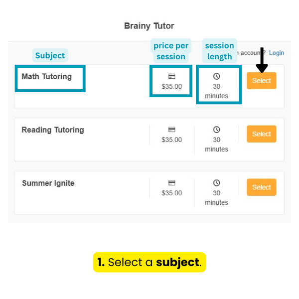 A screenshot of the brainy tutor website showing how to select a subject.
