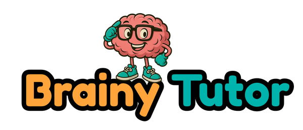 A logo for brainy tutor with a cartoon brain wearing glasses