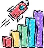 A drawing of a rocket flying over a graph.