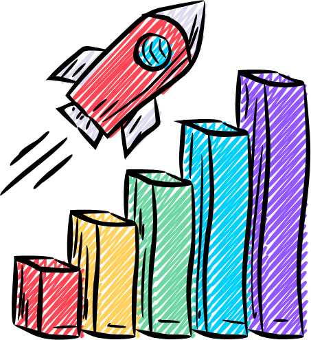A drawing of a rocket flying over a graph.