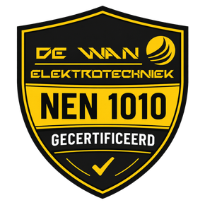Black and yellow shield logo reading “De Wan Elektrotechniek,” “NEN 1010,” and “Gecertificeerd”