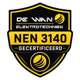 Black and yellow shield logo for DG WAN Elektrotechniek with “NEN 3140 GECERTIFICEERD”
