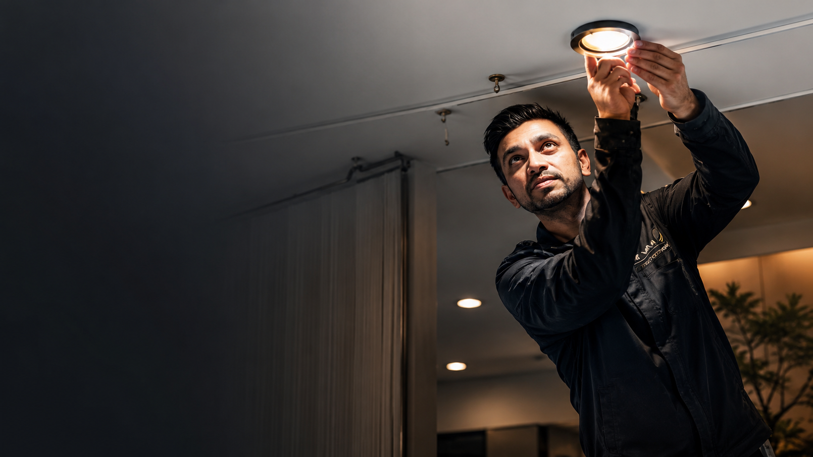 Iemand reikt omhoog om een lamp op te hangen in een schemerig verlichte ruimte.