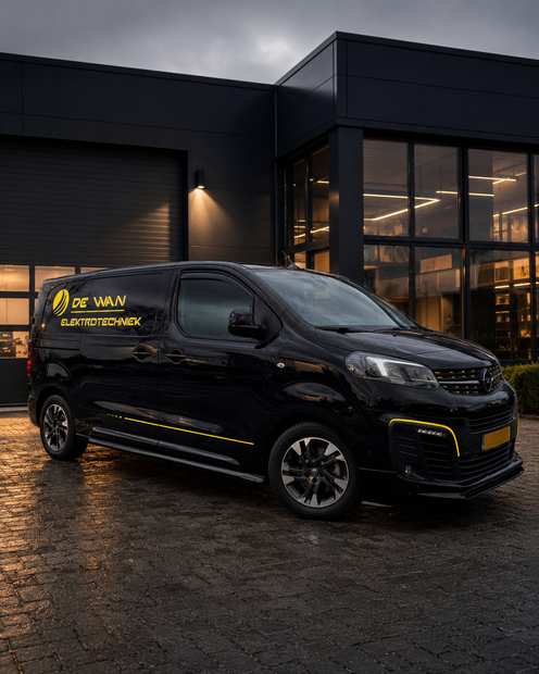 Een zwarte bestelbus staat geparkeerd voor een modern gebouw met een glazen gevel op een nat terrein in de schemering.