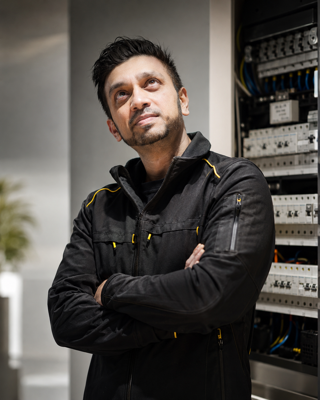 Een man staat met zijn armen over elkaar naast een open elektrisch schakelpaneel in een technische ruimte.
