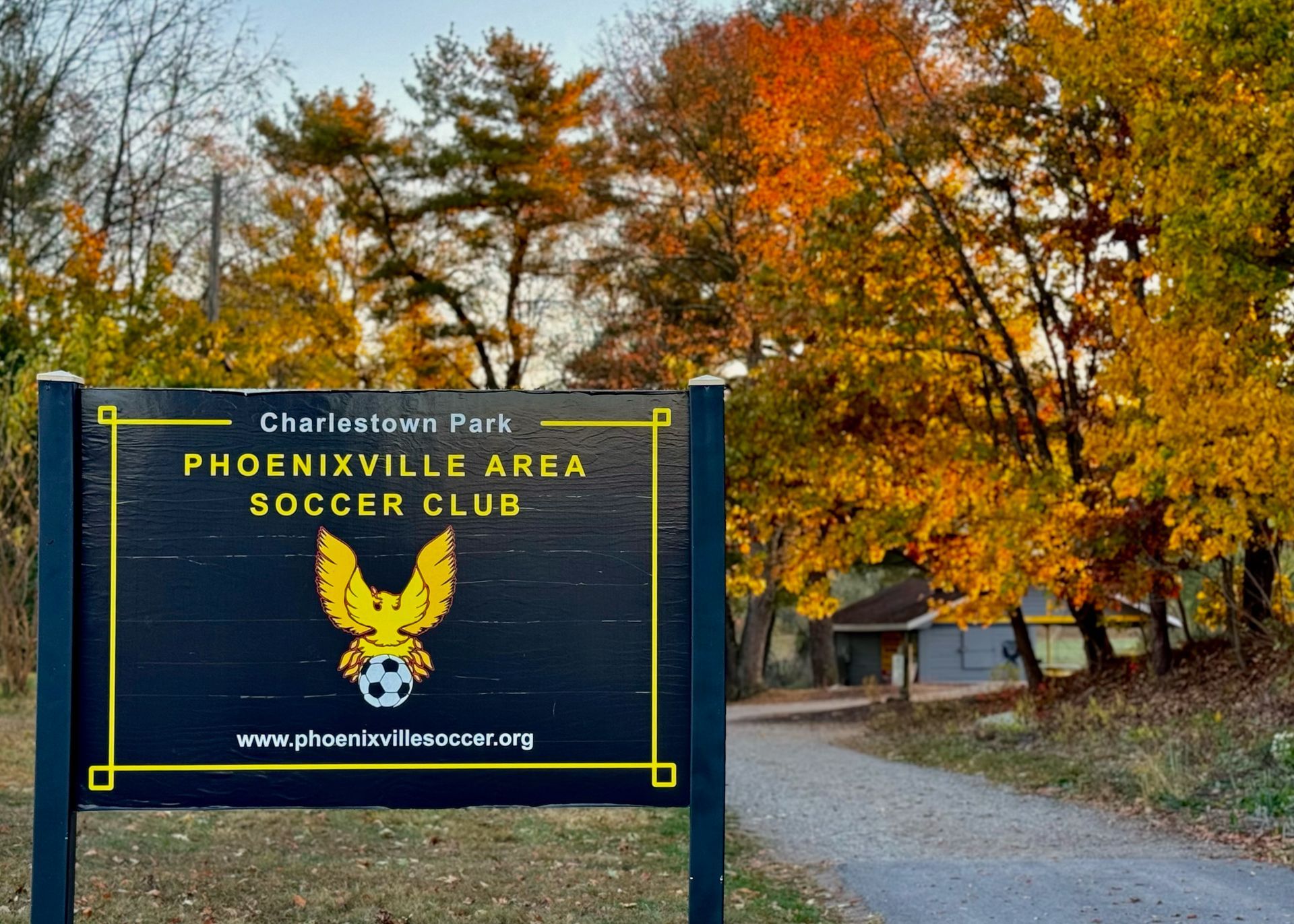 Phoenixville soccer club sign at charlestown park on a beautiful fall day