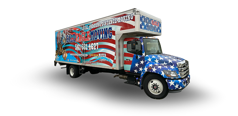 A moving truck with an american flag painted on it.