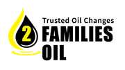 Logo for "2 Families Oil" with oil drop, number 2, and text "Trusted Oil Changes".