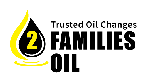Logo for "2 Families Oil" with oil drop, number 2, and text "Trusted Oil Changes".