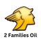 Gold logo with a winged head, text "2 Families Oil" below.