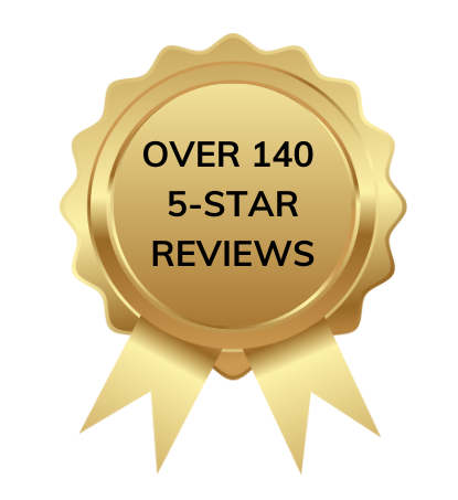 A gold ribbon that says over 140 5 star reviews