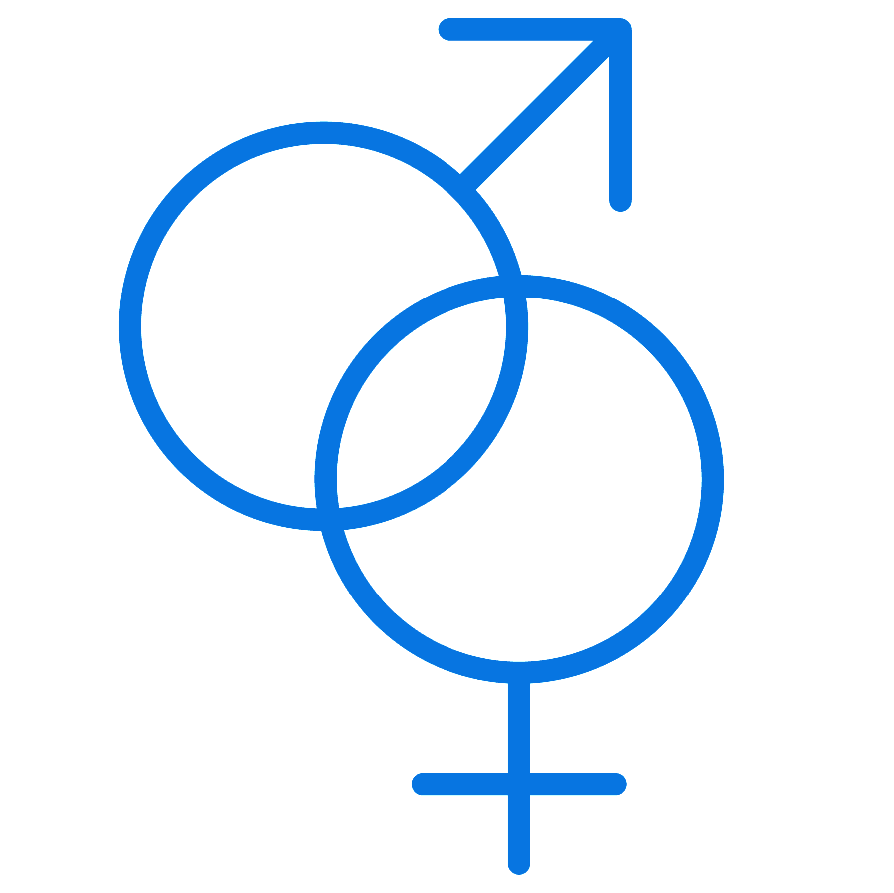 A blue male and female symbol on a white background.