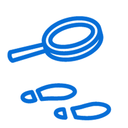 A magnifying glass and footprints on a white background.