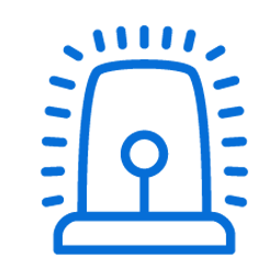 A blue icon of a siren on a white background.