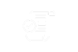 Light gray line icon of a checklist with a checkmark badge and a small cloud