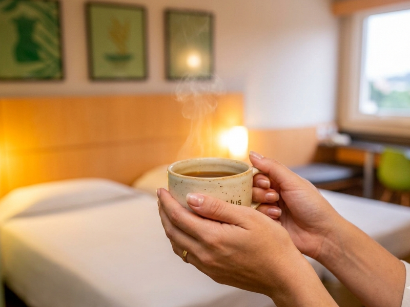 mãos segurando uma xícara de café em um quarto do hus hotel dourados
