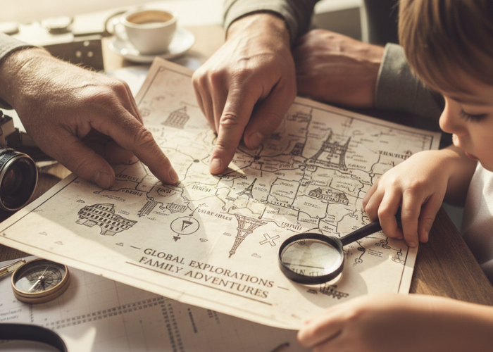 Família pesquisando no mapa