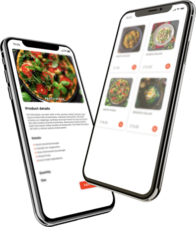 Two phones are displaying different images of food on their screens.