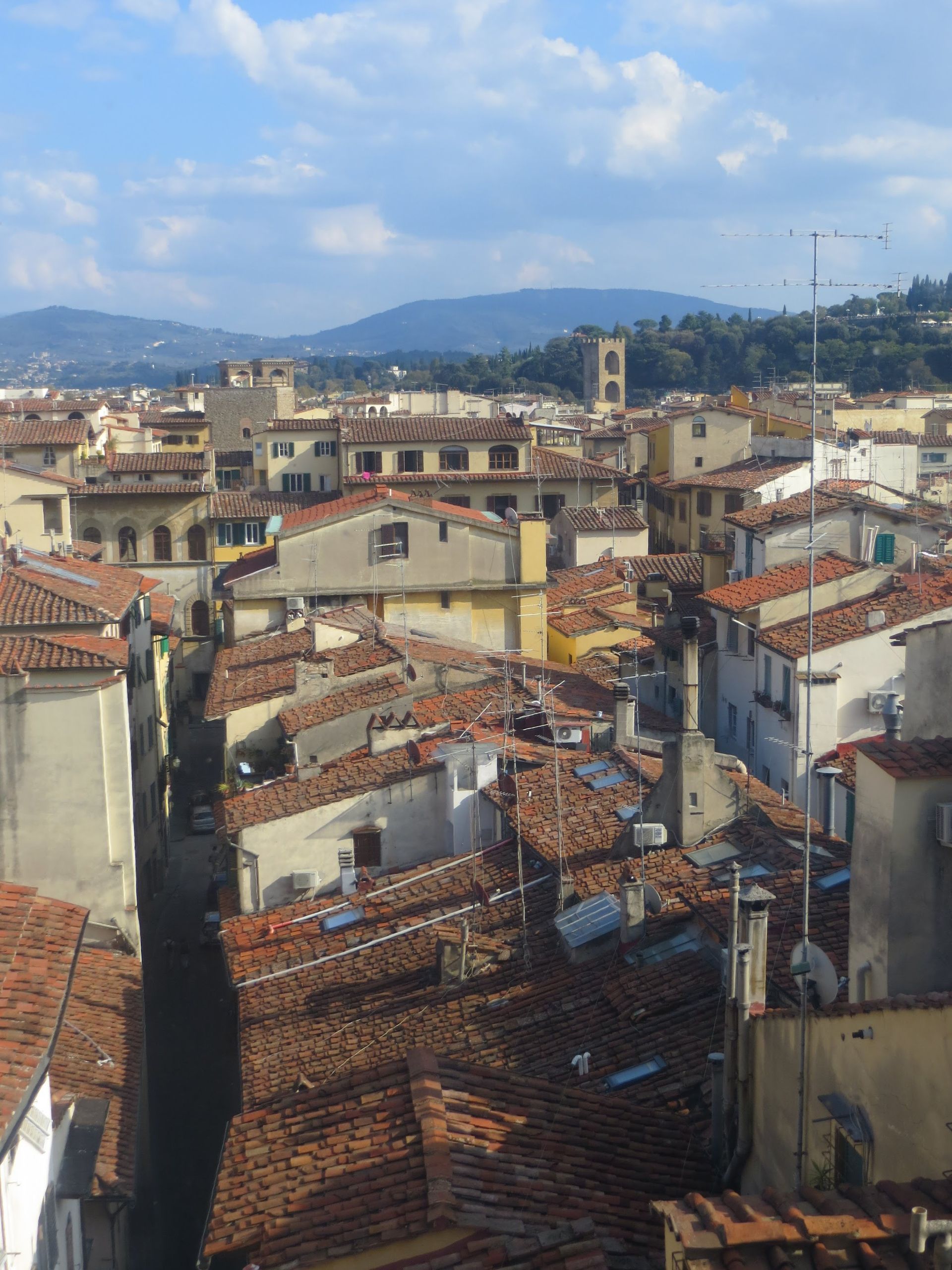 Overhead view of a European city with terracotta rooftops, buildings, and a distant tower against a blue sky.
