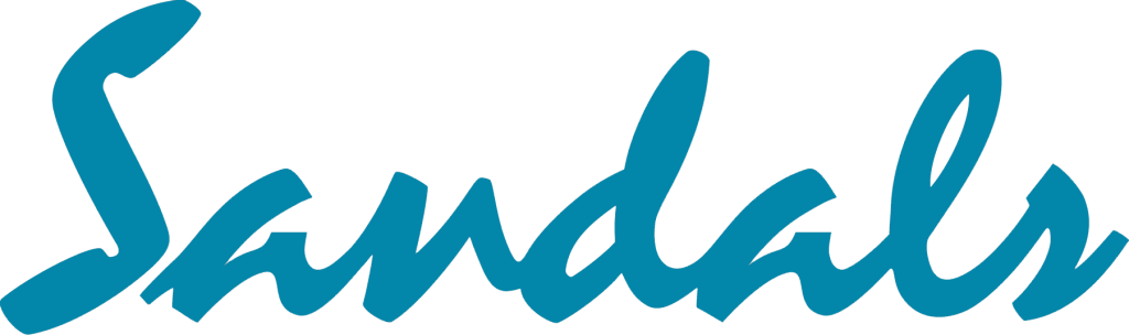Sandals logo in teal script font.