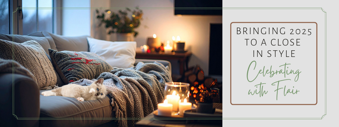 Cozy living room with candles, sofa, cat, and text: 