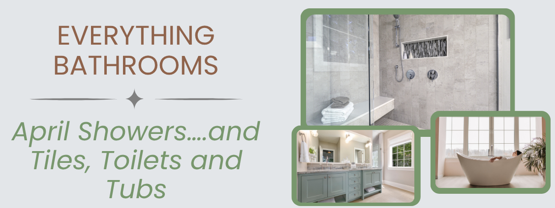 Bathroom remodeling ad with green-bordered photos of tiled showers and baths, and text about aprons, tiles, toilets, and tubs