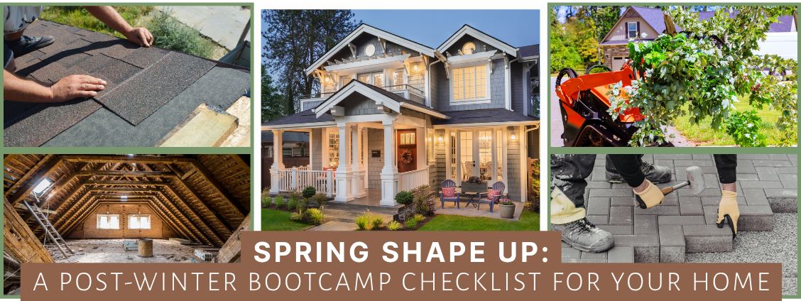 A collage showing home maintenance tasks: roof repair, attic inspection, gardening, and paving, titled 