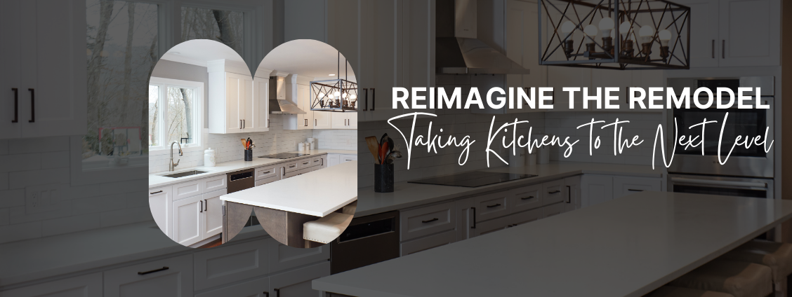 Modern kitchen remodel with white cabinetry and an island, text: Reimagine the remodel.