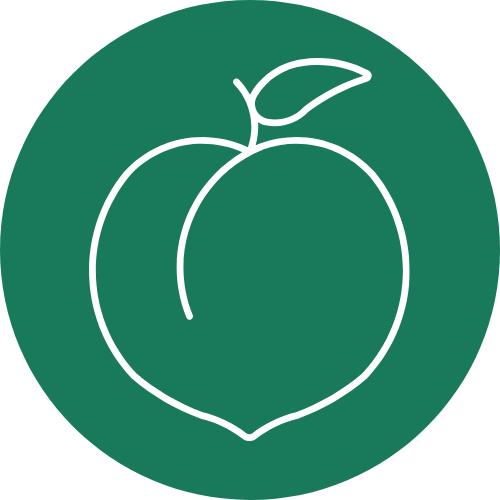a line drawing of a peach with a leaf in a green circle .