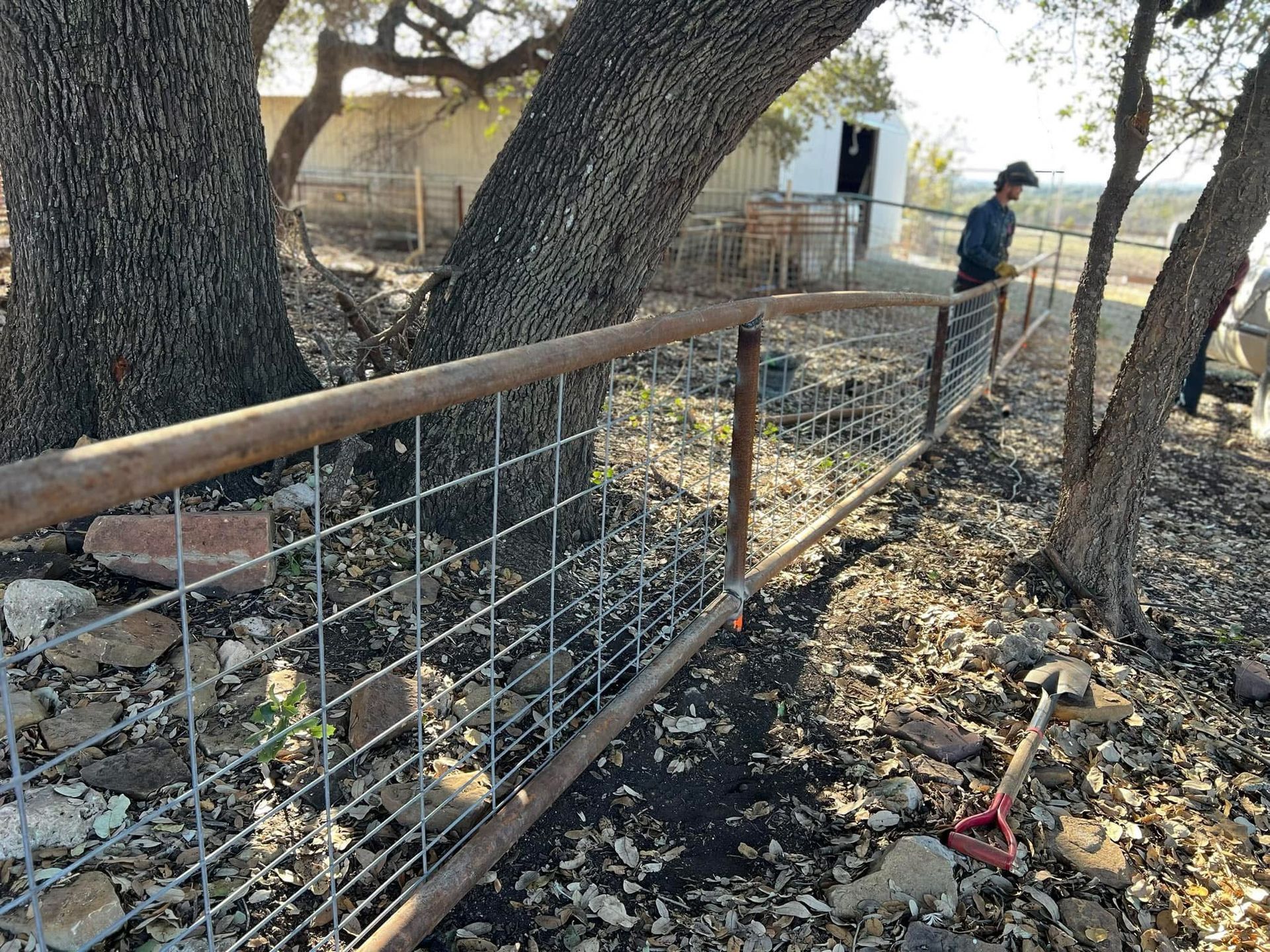 Metal fence with a person standing, near trees and a building.