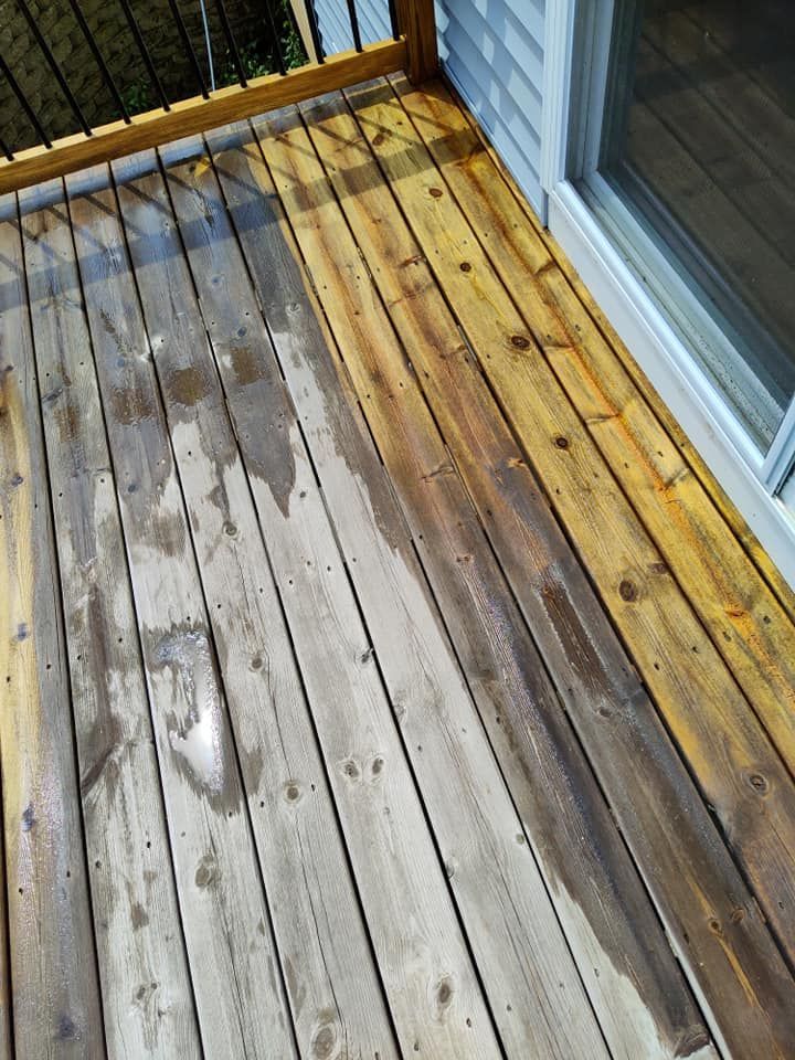 A before and after picture of a wooden deck being cleaned.