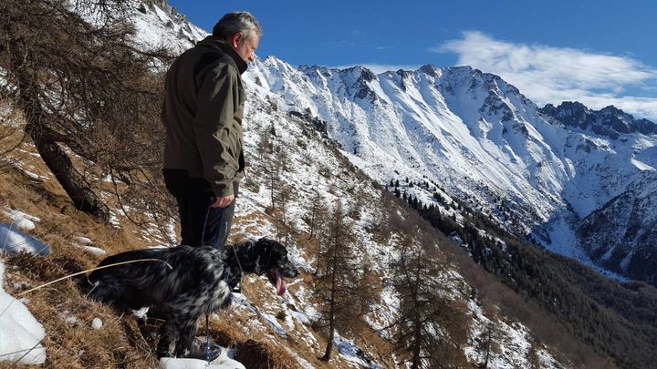 uomo con cane in montagna